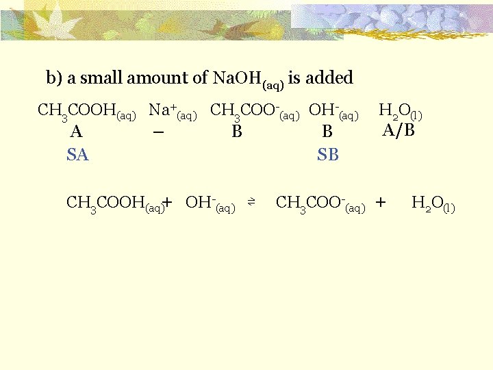 b) a small amount of Na. OH(aq) is added CH 3 COOH(aq) Na+(aq) CH