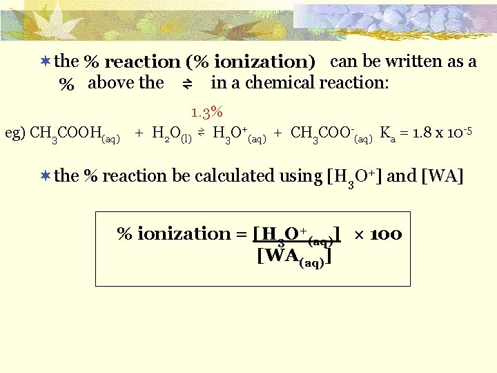 ¬the can be written as a % reaction (% ionization) % above the in