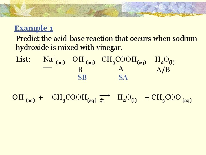 Example 1 Predict the acid-base reaction that occurs when sodium hydroxide is mixed with