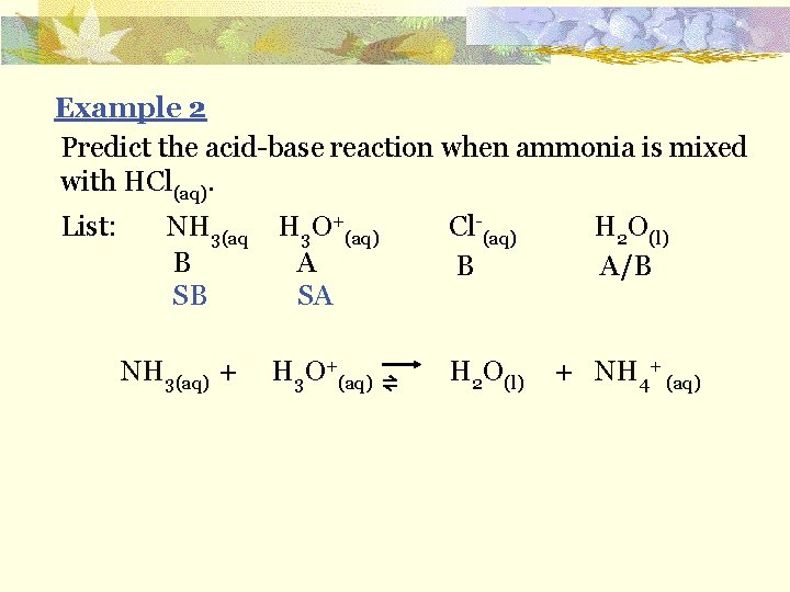Example 2 Predict the acid-base reaction when ammonia is mixed with HCl(aq). List: NH