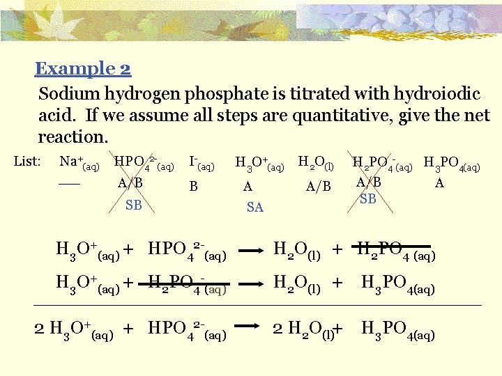 Example 2 Sodium hydrogen phosphate is titrated with hydroiodic acid. If we assume all