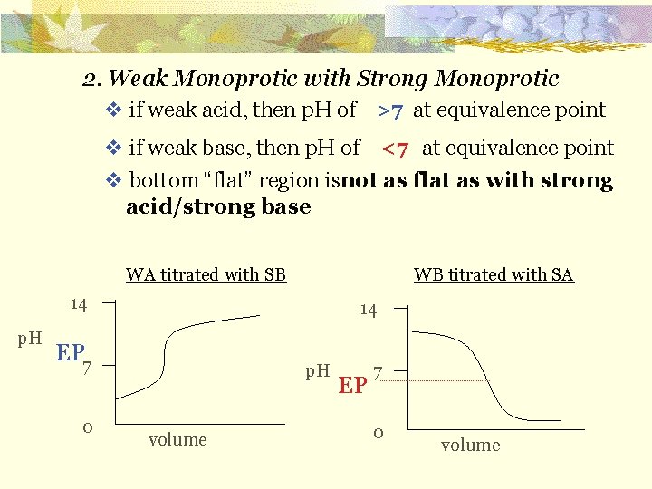 2. Weak Monoprotic with Strong Monoprotic v if weak acid, then p. H of