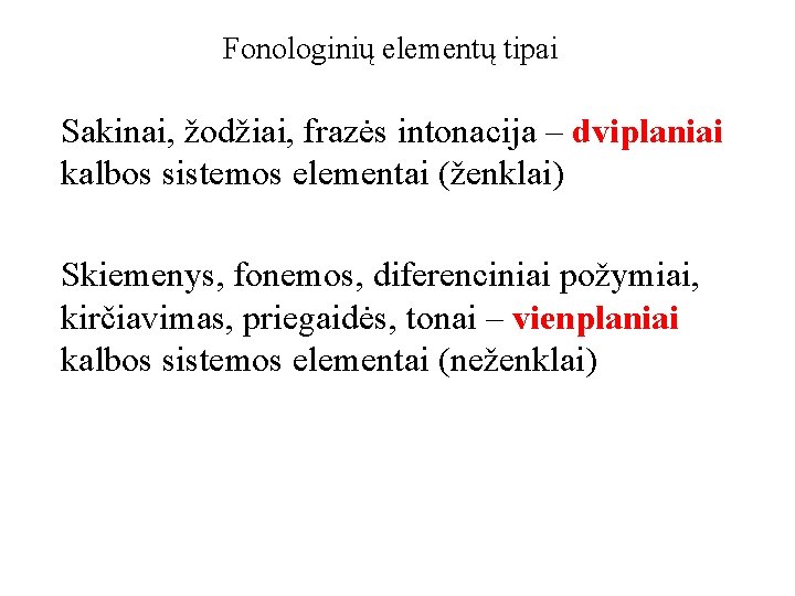 Fonologinių elementų tipai Sakinai, žodžiai, frazės intonacija – dviplaniai kalbos sistemos elementai (ženklai) Skiemenys,