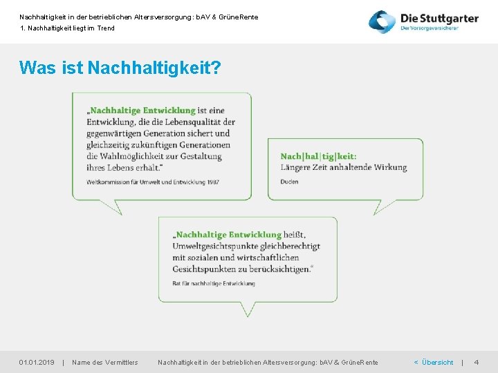 Nachhaltigkeit in der betrieblichen Altersversorgung: b. AV & Grüne. Rente 1. Nachhaltigkeit liegt im