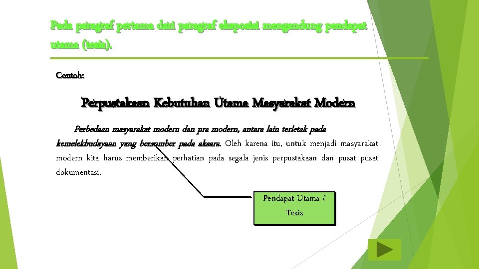 Pada paragraf pertama dari paragraf eksposisi mengandung pendapat utama (tesis). Contoh: Perpustakaan Kebutuhan Utama