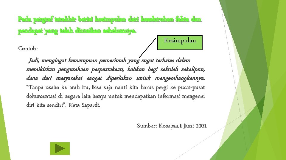 Pada pargraf terakhir berisi kesimpulan dari keseluruhan fakta dan pendapat yang telah diuraikan sebelumnya.