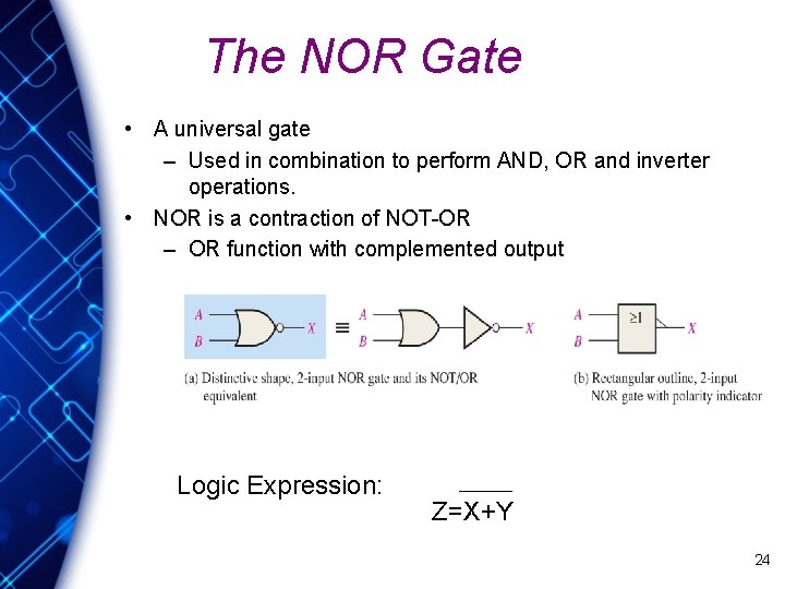 The NOR Gate • A universal gate – Used in combination to perform AND,