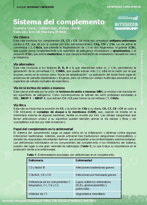 SISTEMA DEL COMPLEMENTO BLOQUE: SISTEMAS Y PROCESOS Sistema del complemento Zaahira Gani, Cambridge, Reino
