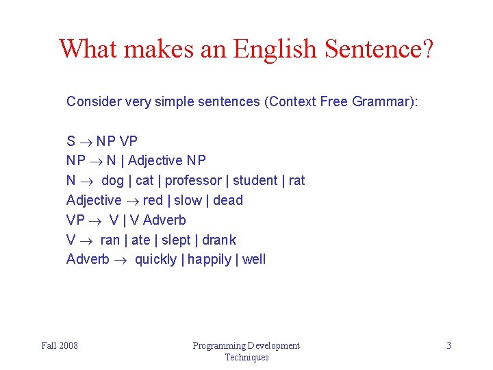 What makes an English Sentence? Consider very simple sentences (Context Free Grammar): S NP