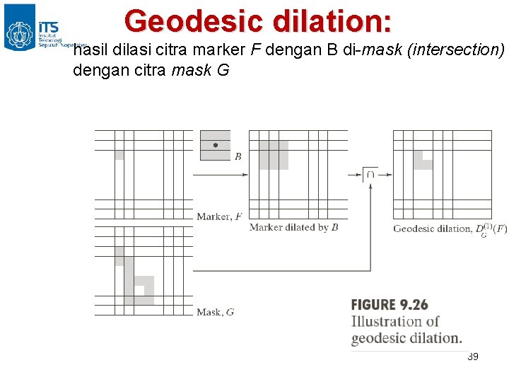 Geodesic dilation: hasil dilasi citra marker F dengan B di-mask (intersection) dengan citra mask
