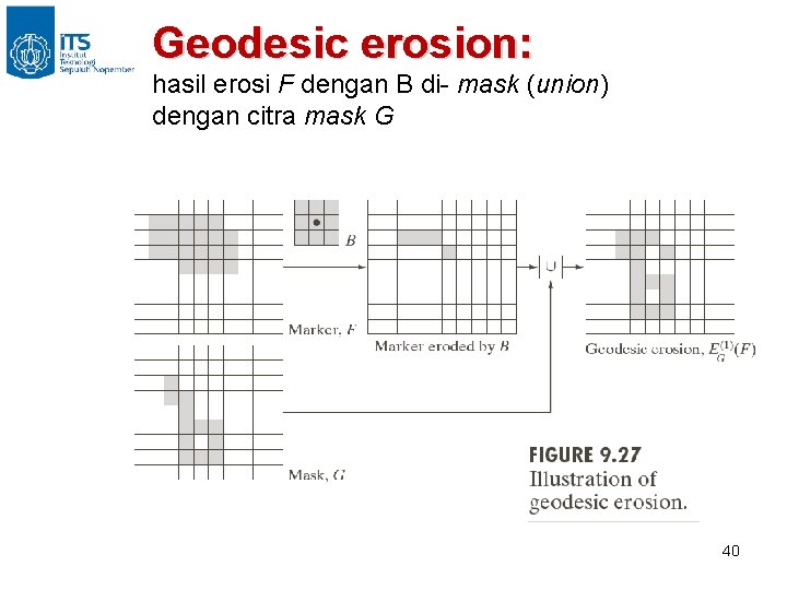 Geodesic erosion: hasil erosi F dengan B di- mask (union) dengan citra mask G
