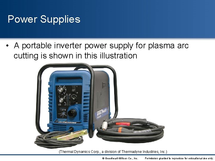 Power Supplies • A portable inverter power supply for plasma arc cutting is shown