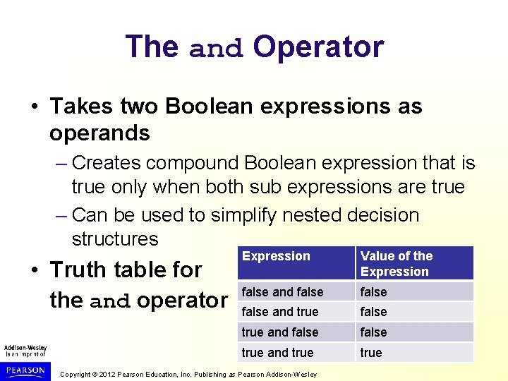 The and Operator • Takes two Boolean expressions as operands – Creates compound Boolean