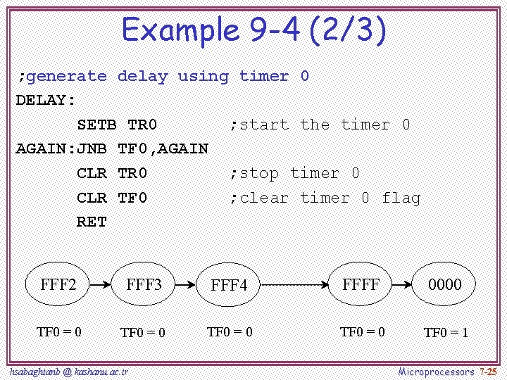 Example 9 -4 (2/3) ; generate delay using timer 0 DELAY: SETB TR 0