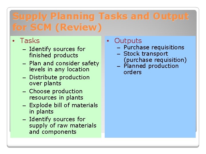 Supply Planning Tasks and Output for SCM (Review) • Tasks – Identify sources for