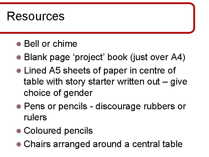 Resources l Bell or chime l Blank page ‘project’ book (just over A 4) Resources l Bell or chime l Blank page ‘project’ book (just over A 4)