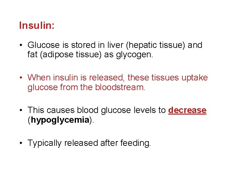 Insulin: • Glucose is stored in liver (hepatic tissue) and fat (adipose tissue) as