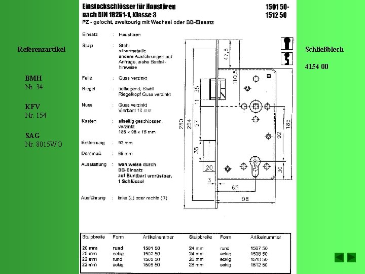 Referenzartikel Schließblech 4154 00 BMH Nr. 34 KFV Nr. 154 SAG Nr. 8015 WO