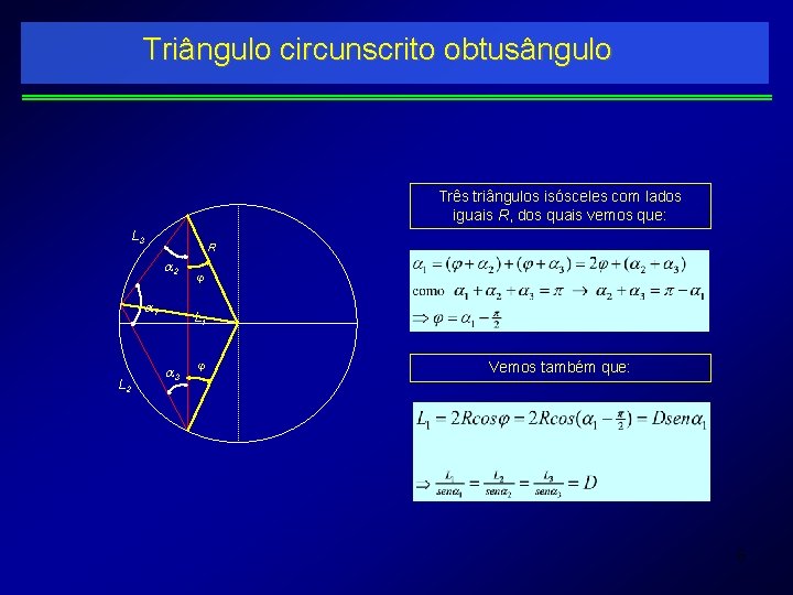 Triângulo circunscrito obtusângulo Três triângulos isósceles com lados iguais R, dos quais vemos que: