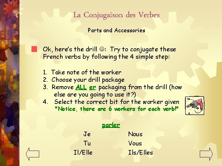 La Conjugaison des Verbes Parts and Accessories Ok, here’s the drill : Try to