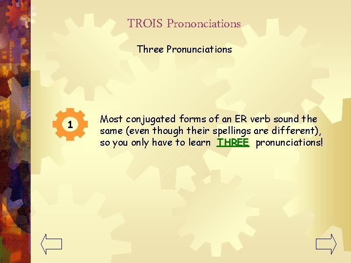 TROIS Prononciations Three Pronunciations 1 Most conjugated forms of an ER verb sound the