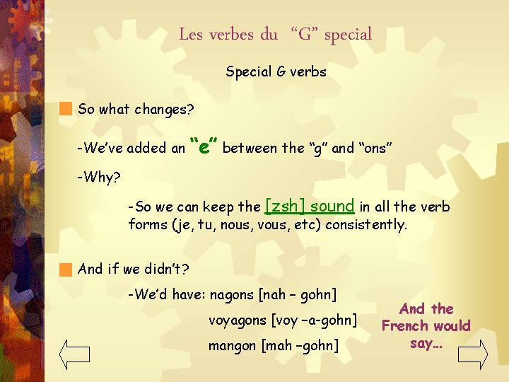 Les verbes du “G” special Special G verbs So what changes? -We’ve added an