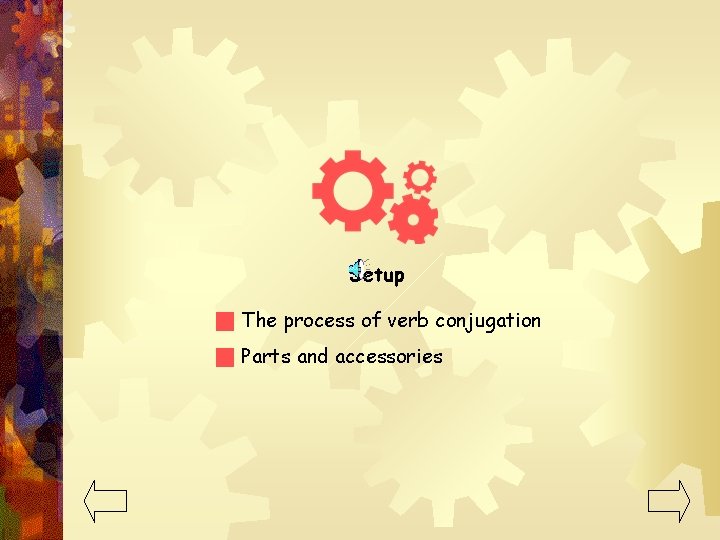 Setup The process of verb conjugation Parts and accessories 