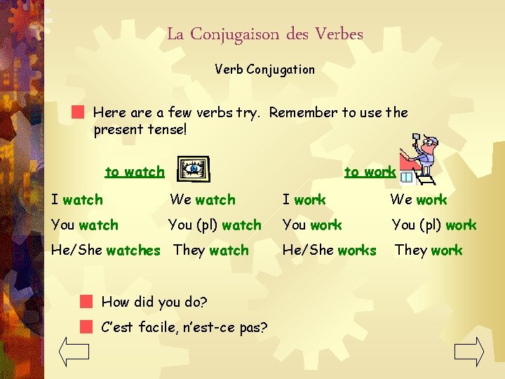 La Conjugaison des Verb Conjugation Here a few verbs try. Remember to use the