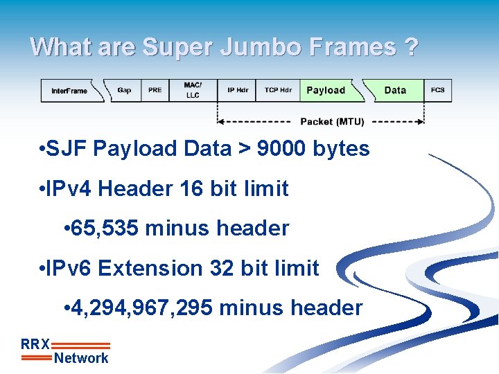 What are Super Jumbo Frames ? • SJF Payload Data > 9000 bytes •