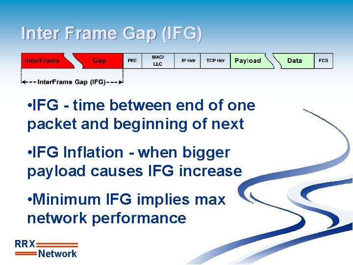 Inter Frame Gap (IFG) • IFG - time between end of one packet and