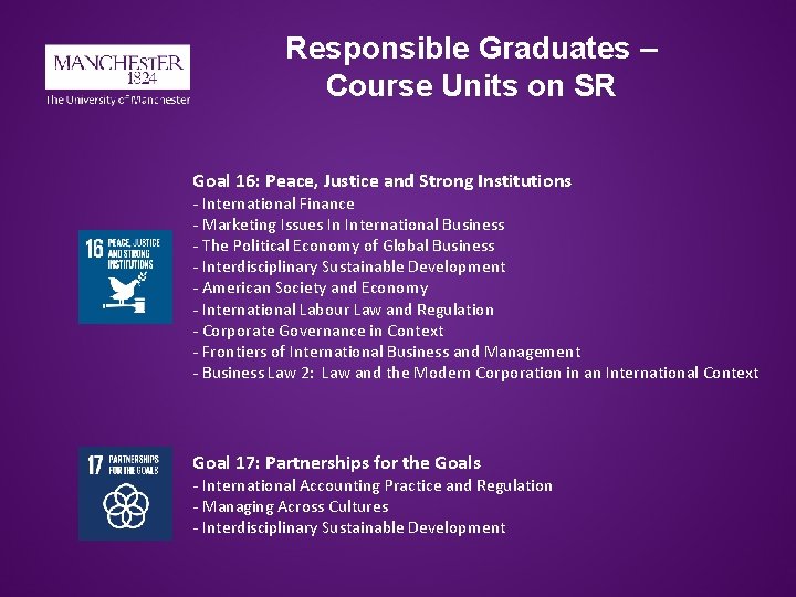 Responsible Graduates – Course Units on SR Goal 16: Peace, Justice and Strong Institutions