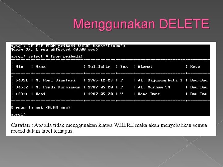 Menggunakan DELETE 
