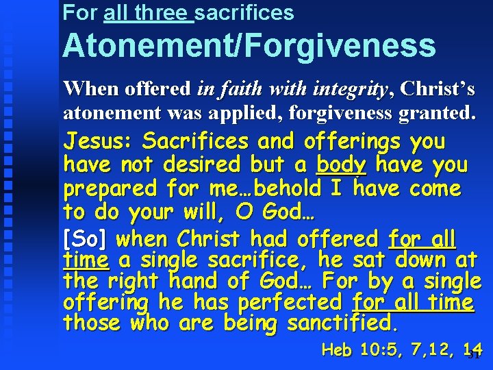 For all three sacrifices Atonement/Forgiveness When offered in faith with integrity, Christ’s atonement was