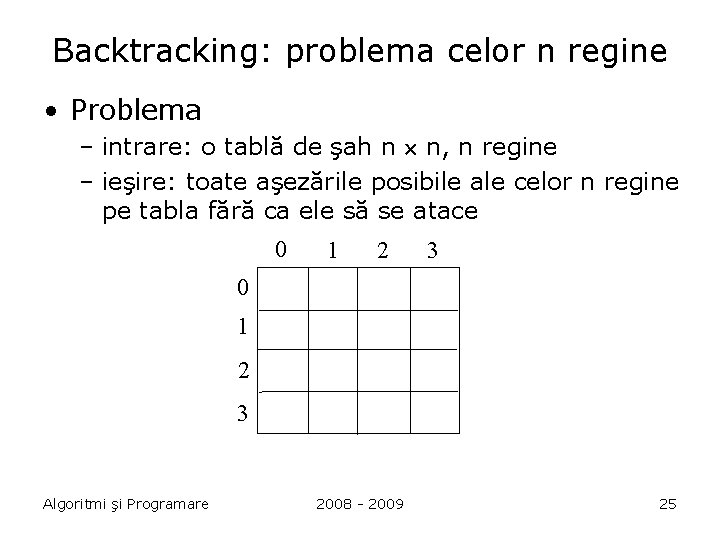 Backtracking: problema celor n regine • Problema – intrare: o tablă de şah n