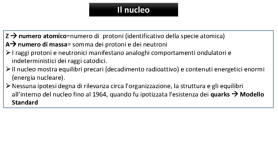 Il nucleo Z numero atomico=numero di protoni (identificativo della specie atomica) A numero di
