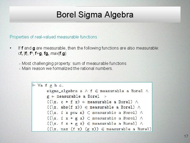 Borel Sigma Algebra Properties of real-valued measurable functions • If f and g are Borel Sigma Algebra Properties of real-valued measurable functions • If f and g are