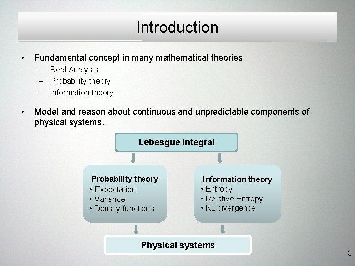 Introduction • Fundamental concept in many mathematical theories – Real Analysis – Probability theory Introduction • Fundamental concept in many mathematical theories – Real Analysis – Probability theory