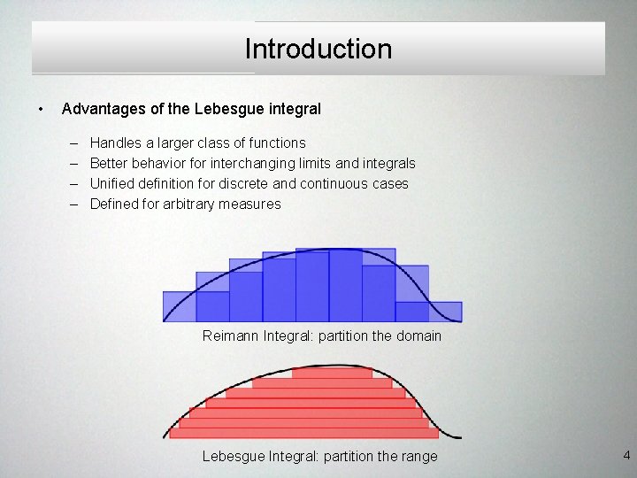 Introduction • Advantages of the Lebesgue integral – – Handles a larger class of Introduction • Advantages of the Lebesgue integral – – Handles a larger class of