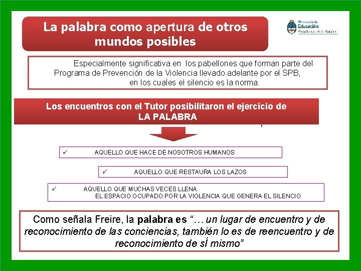 La palabra como apertura de otros mundos posibles Especialmente significativa en los pabellones que