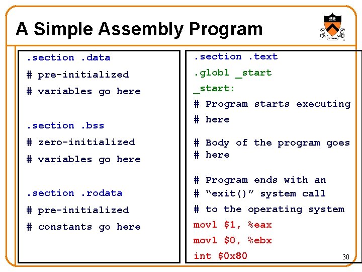 A Simple Assembly Program. section. data . section. text # pre-initialized . globl _start