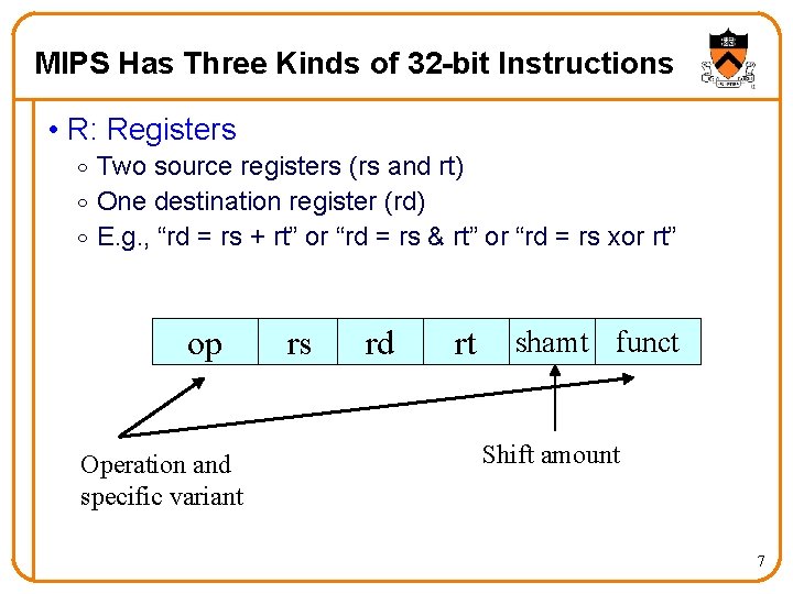 MIPS Has Three Kinds of 32 -bit Instructions • R: Registers o Two source