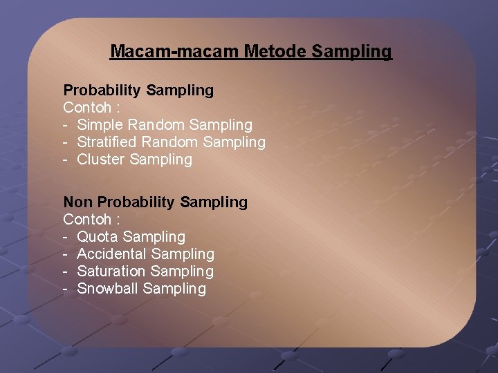 Macam-macam Metode Sampling Probability Sampling Contoh : - Simple Random Sampling - Stratified Random