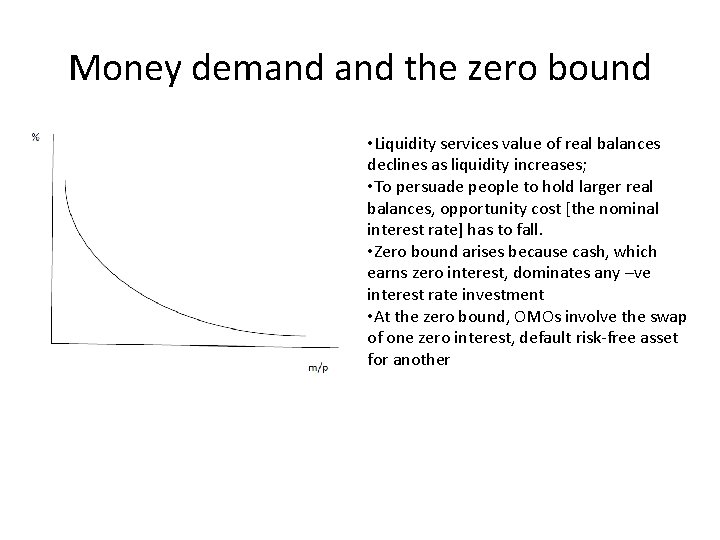 Money demand the zero bound • Liquidity services value of real balances declines as