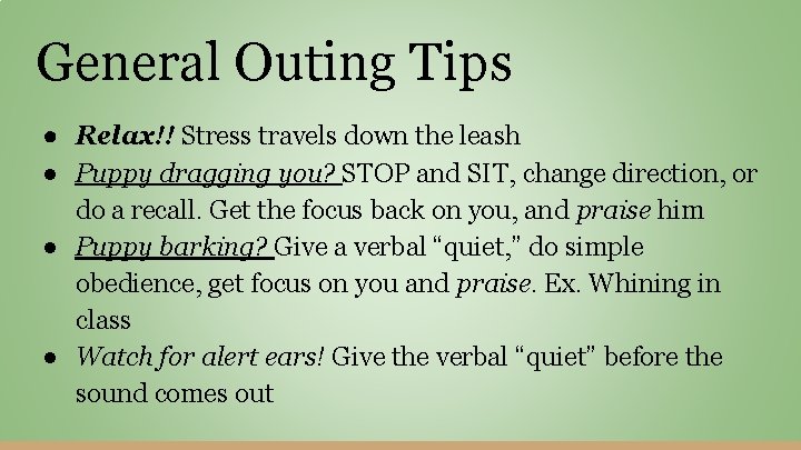 General Outing Tips ● Relax!! Stress travels down the leash ● Puppy dragging you?