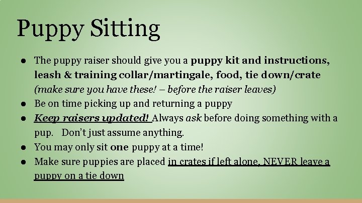 Puppy Sitting ● The puppy raiser should give you a puppy kit and instructions,