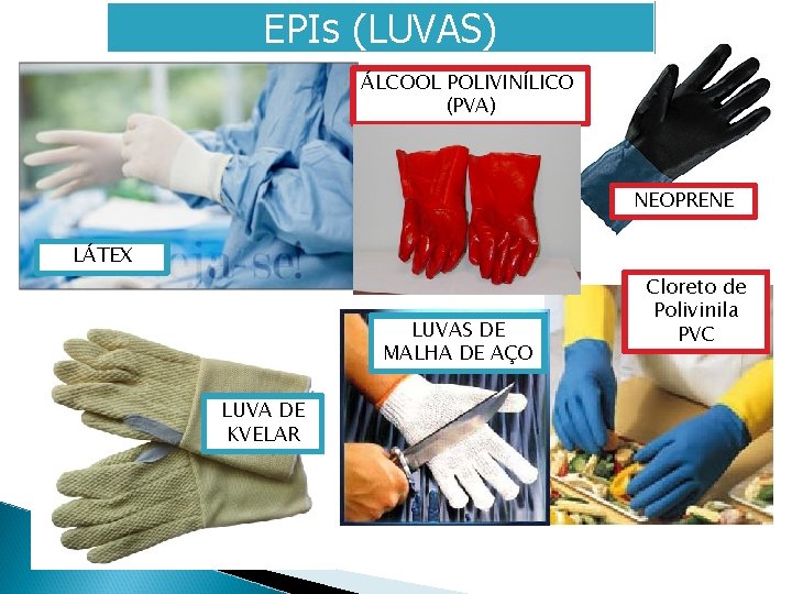 EPIs (LUVAS) ÁLCOOL POLIVINÍLICO (PVA) NEOPRENE LÁTEX LUVAS DE MALHA DE AÇO LUVA DE