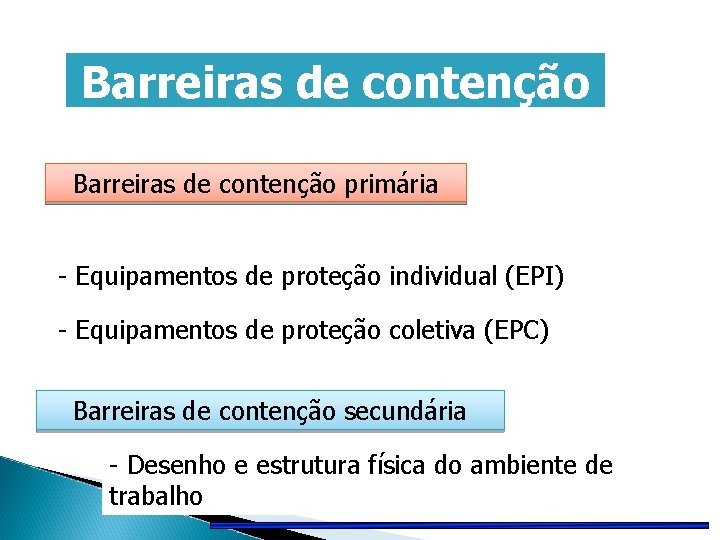 Barreiras de contenção primária - Equipamentos de proteção individual (EPI) - Equipamentos de proteção