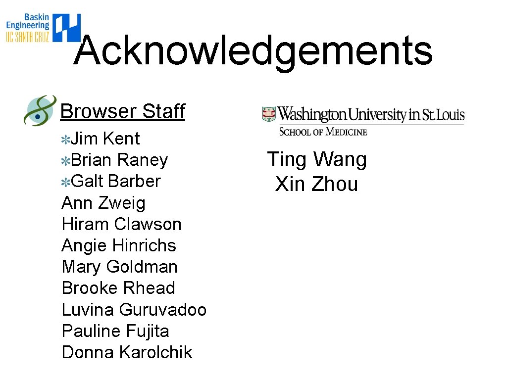 Acknowledgements Browser Staff Jim Kent Brian Raney Galt Barber Ann Zweig Hiram Clawson Angie