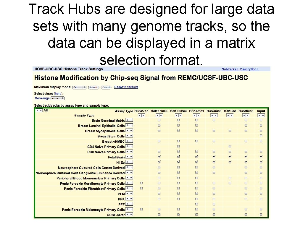 Track Hubs are designed for large data sets with many genome tracks, so the