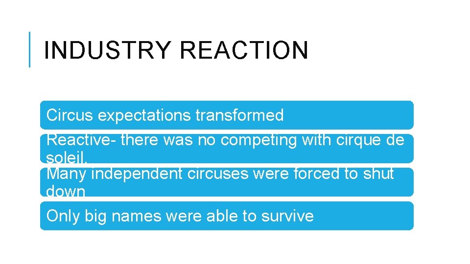 INDUSTRY REACTION Circus expectations transformed Reactive- there was no competing with cirque de soleil.